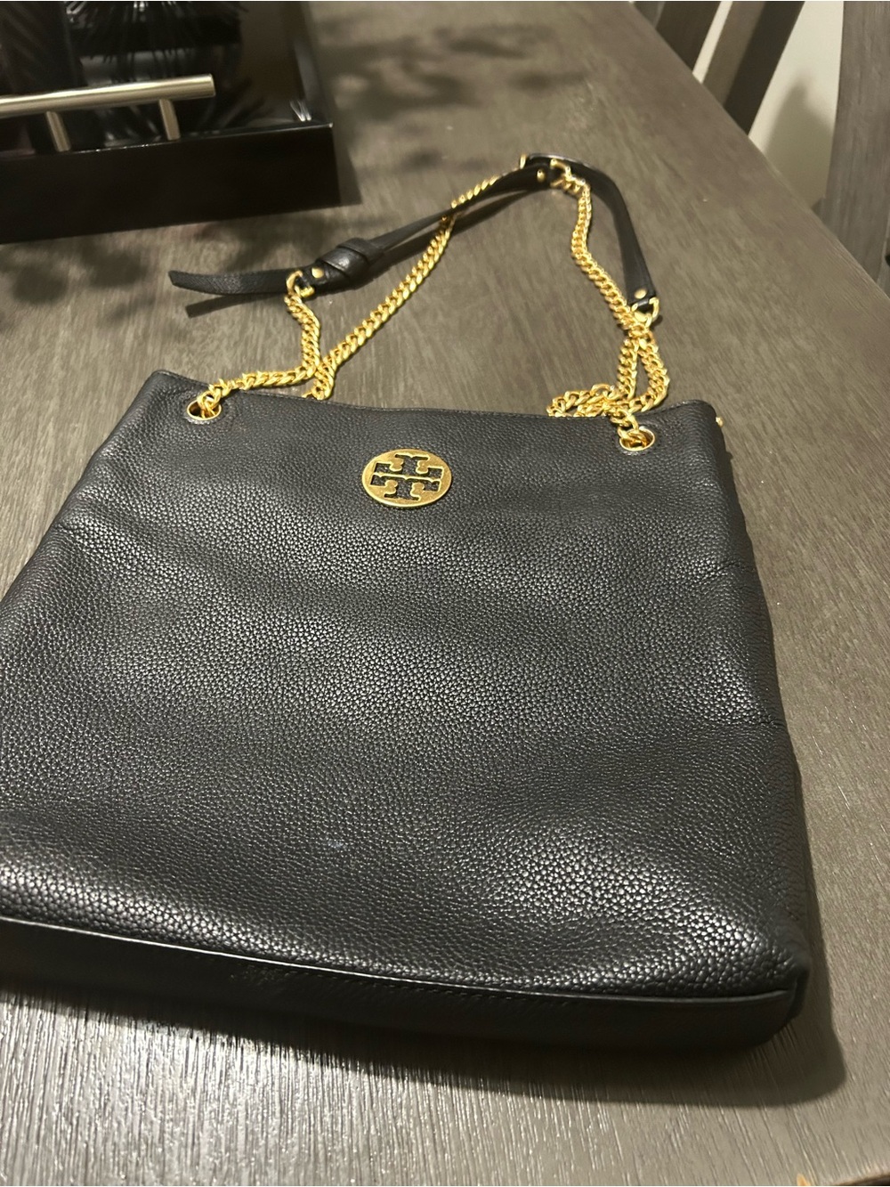 Tory Burch Black Leather Shoulder Bag with Gold Hardware